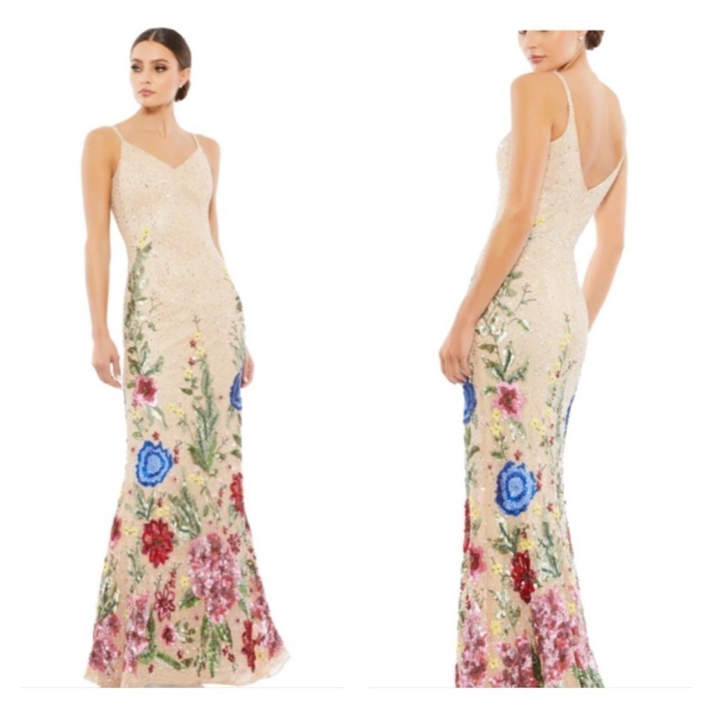 Mac Duggal 5475 NWT FLORAL EMBELLISHED SPAGHETTI STRAP GOWN